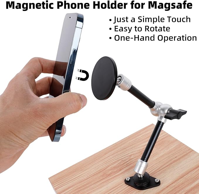 Magnetic Phone Holder with AMPS Mounting Plate Drill Base & 360°Rotation 10" Magic Arm, Magnet Phone Mount for Wall/Desk/Truck/Car/Workbench, Compatible with Magsafe iPhone 16 15 14 13 12 Series