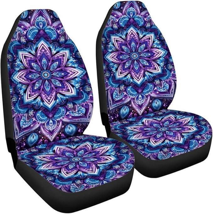 BIGCARJOB Purple Lotus Car Seat Covers Set for Women Auto Interior Seat Protector Boho Lotus Car Accessories Set 2 Pcs Auto Front Seat Covers Saddle Blanket,Universal Fit