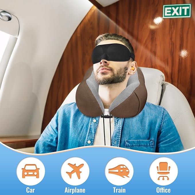 CloudBliss Travel Pillow Premium Memory Foam, Comfortable & Supportive Neck Pillow, Neck Pillows for Sleeping Travel, Airplane Pillow for Sleeping Airplane, Car, Office and Home（Black & Brown）