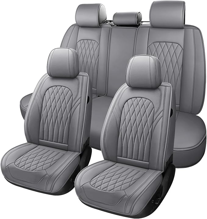 WELLDO Car Seat Covers Front Seats, Leather Seat Covers for Cars, Front Car Seat Protector Waterproof, Non-Slip Car Interior Covers Universal Automotive Seat Covers for Most Vehicle, Gray
