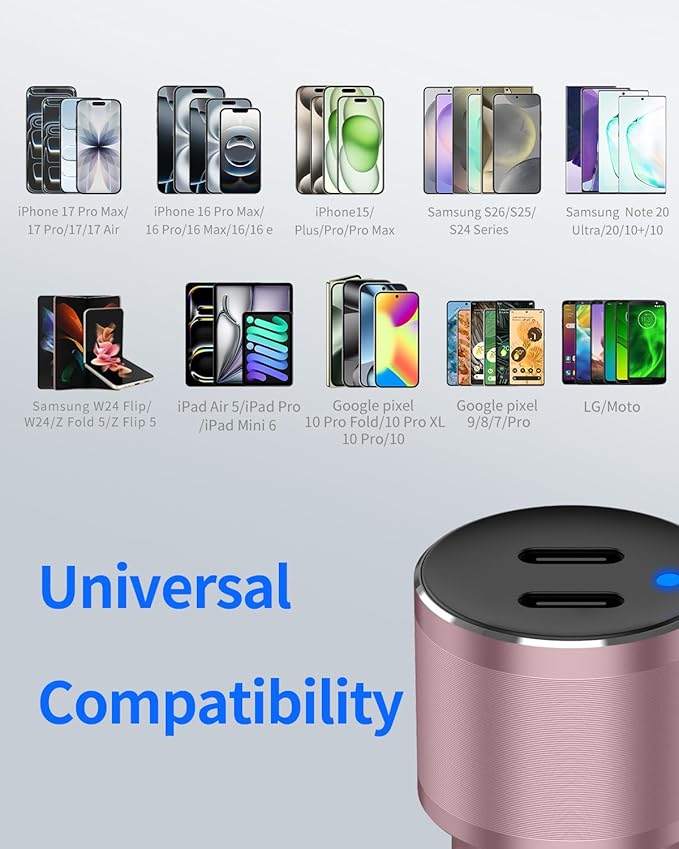 Pink Dual 45W USB C Car Charger, 90W Max Super Fast Charging, All Metal 12V Cigarette Lighter Adapter for iPhone 17 Pro Max/16/15/iPad, Samsung Galaxy S26+/S25, Google Phones with 2 Type C Cable 3.3ft