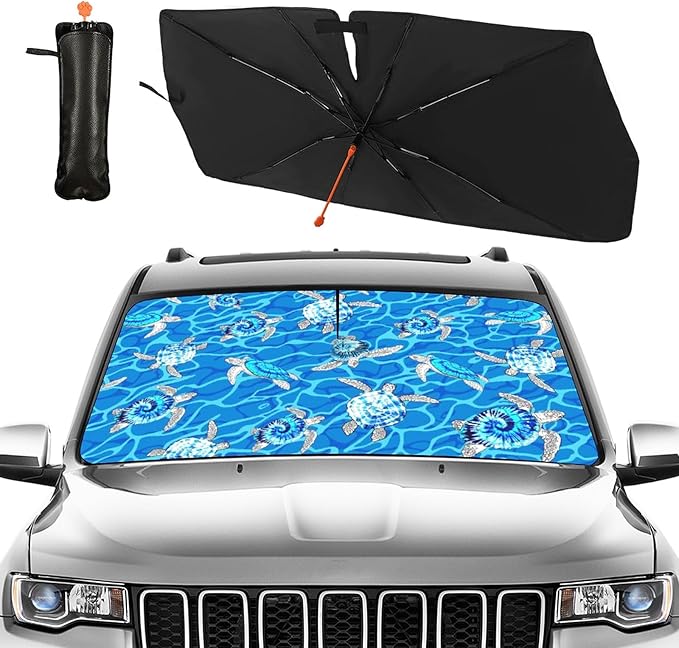 CHILL·TEK Funny Animal Car Windshield Sun Shade Umbrella, Sea Turtle Car Sun Shade Umbrella, Block UV Rays Heat Foldable Windshield Umbrella Sun Visor Protector - Keep Vehicle Cool for Cars SUV