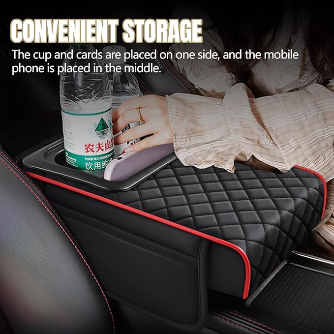 Hovom Car Center Console Cover, 13.39"×7.87"×2.76" Leather Armrest Cover for Cars, Memory Foam Armrest Pillow with Pocket, Cup Holder & Phone Slot, Universal Vehicle Arm Rest Cushion Pad (Black+Red)