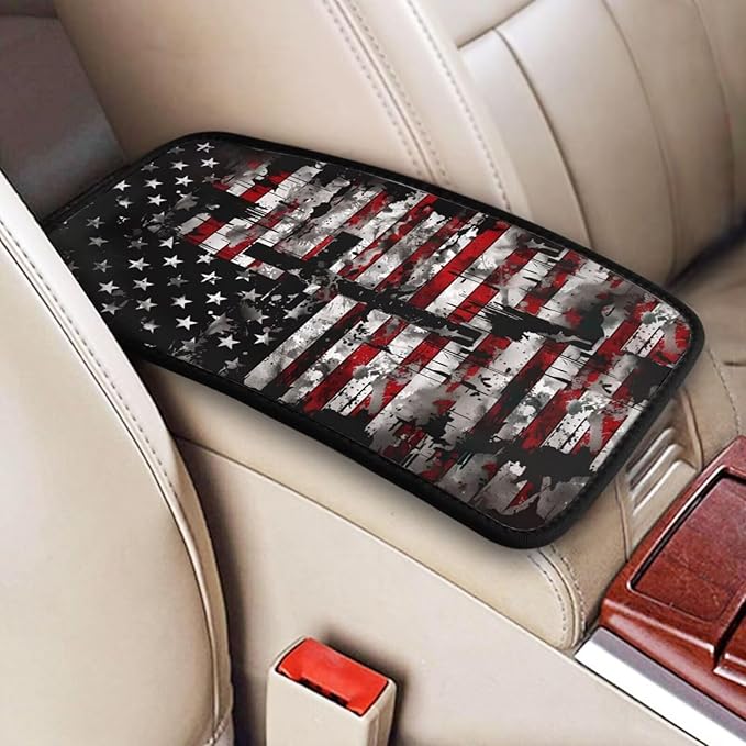 American Flag Center Console Cover Patriot Star Stripe Cross Polyester Arm Rest Covers Armrest Pad Cushion Car Accessories Fit for Most Cars Sedans Vans Truck Vehicles, SUVs