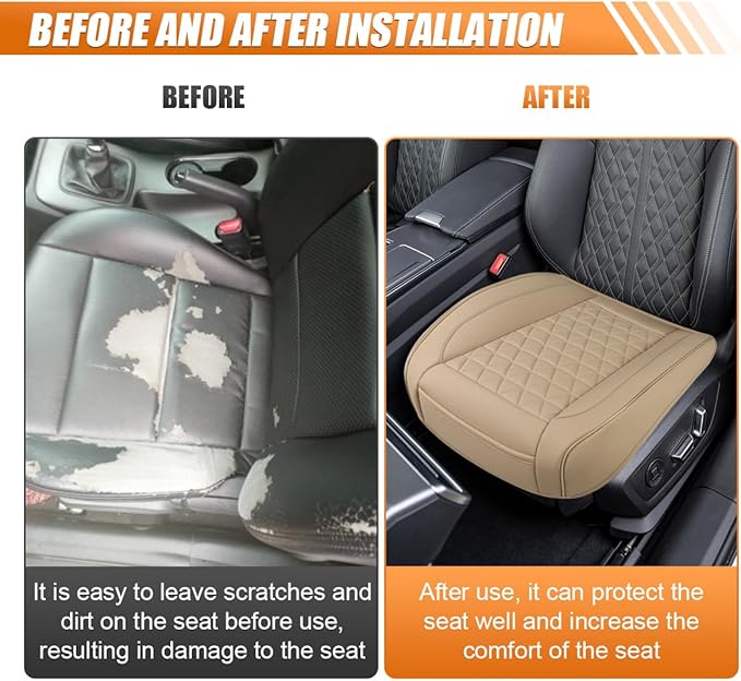 Luxury Faux Leather Car Seat Cover, Anti-Slip Waterproof Universal Front Bottom Seat Protector with Storage Pocket, Triangular Pattern Vehicle Seats Cushion for Sedans, SUVs, Trucks (Beige)