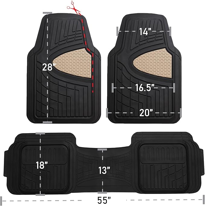 FH Group Automotive Floor Mats Tall Channel Beige Universal Fit Full Set Climaproof™ for Most Sedan, SUV and Trucks, Trimmable Rubber Combo Small Car Seat Cover Design Heavy-Duty Floor Mats for Car