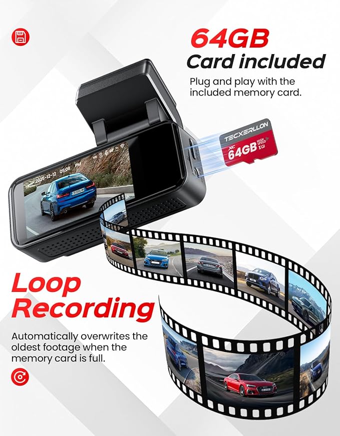 TECXLERON Dash Cam, 4K Full HD Dash Camera for Cars, Built-in GPS and Wi-Fi, 64GB SD Card Included, 160° Wide Angle Lens, Night Vision, G-Sensor, Loop Recording, 24H Parking Monitor