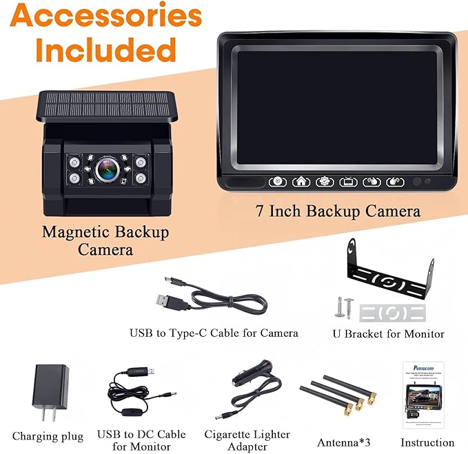 RV Backup Camera with Solar Magnetic: Long Distance No Signal Delay, 7 Inch Touch Key Monitor with Recording, HD 1080P Wireless Backup Camera for Trailer, 5th Wheel, Camper
