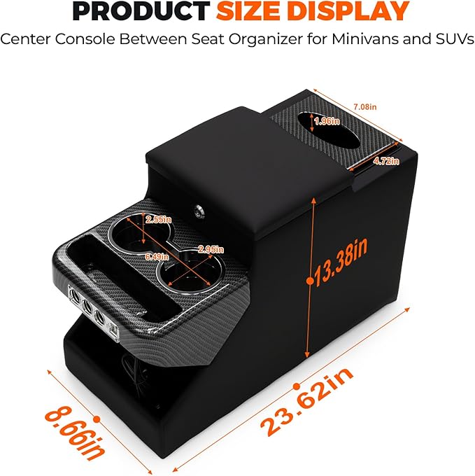 Center Console Between Seat Organizer for Minivans,SUVs,with Dual USB Charging & Phone Holder and Drawers for Minivan&SUVs, Middle Van Floor Console Organizer Storage Box Black with Locking