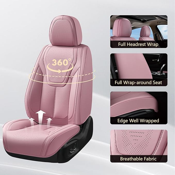 FLORICH Front Car Seat Covers, Luxury Waterproof Faux Leather Seat Covers Cushion, Breathable Car Seat Cover Protectors Universal Fit for Most 5 Seats Vehicles - Pink