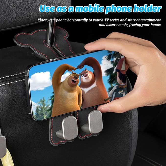 Car Seat Headrest Hook, 2PCS Cute 2 In 1 Vehicle Backseat Hanger Storage Double Hook with Phone Holder, Auto Interior Hanging Organizer Accessories, Universal for SUV Sedan Truck (Black)
