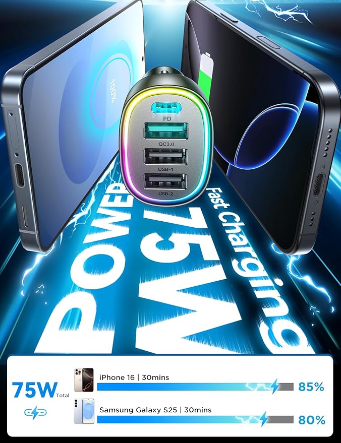 75W Car Charger USB C, 4 Port Super Fast Cigarette Lighter USB Charger, Type C 60W & QC 3.0 Multiport Car Phone Adapter Accessories for iPhone 17/16/15/14/13/12 Pro Samsung S26 Series