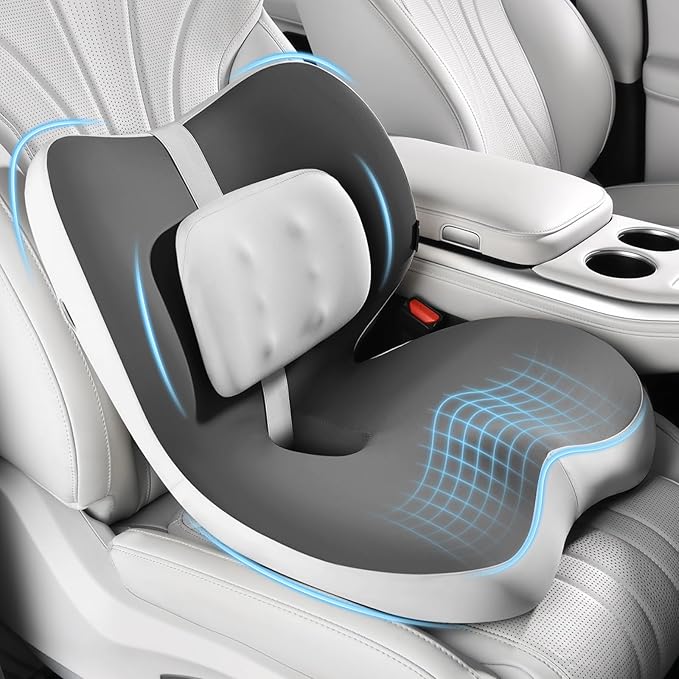 FLORICH 2 in1 Truck Seat Cushion and Lumbar Support Pillow Memory Foam Car Seat Cushion with Adjustable Strap for Truck Driver Long Drives, Fits Semi Truck Seat,Car,Office&Gaming Chair(Grey)