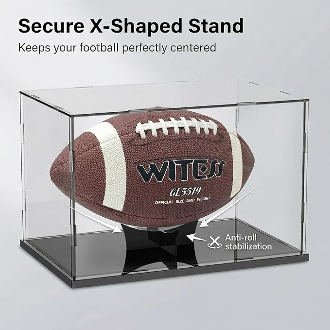 Acrylic Football Display Case with Ball Holder Base – a Memorabilia Showcase Storage Box Designed for Full-Size Football Collectibles. Perfect for Sport Lovers to Display Their Footballs