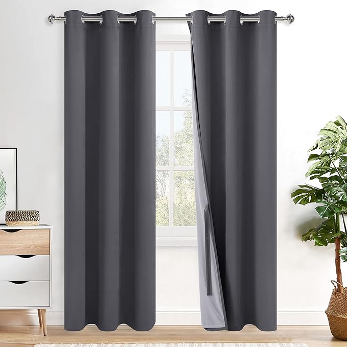 XWZO 100% Blackout Curtains 84 Inches Long - Heat and Full Light Blocking, Thermal Insulated Window Panels with Grommets for Bedroom/Nursery with Tiebacks, Dark Grey, W38 x L84, Set of 2 Draperies