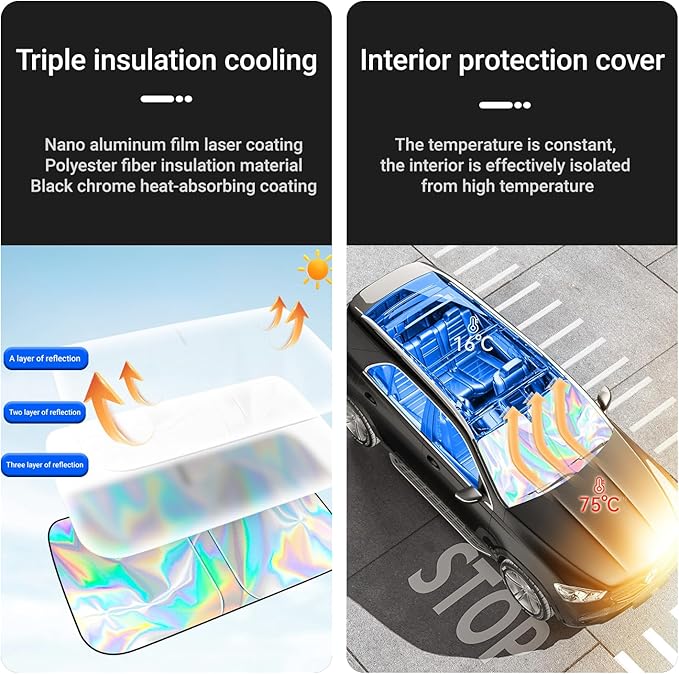 Car Windshield Sun Shade with Storage Pouch, Foldable Laser Titanium Silver Front Window Shield Blocker Screen Visor Protector Cover, Keep Interior Cool, Universal Fit for Car,Truck,SUVs (L)