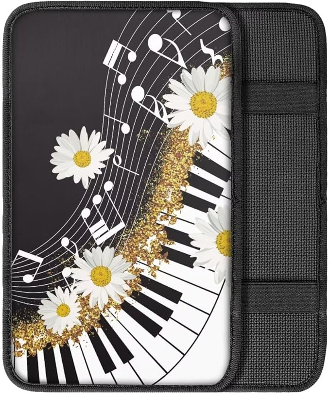 Coldinair Music Notes Car Armrest Cover,Piano Keys Auto Center Console Pad,Soft Seat Box Cover Protector Cushion,Daisy Car Accessories Decor for Most Cars,Sedan,Truck,SUV