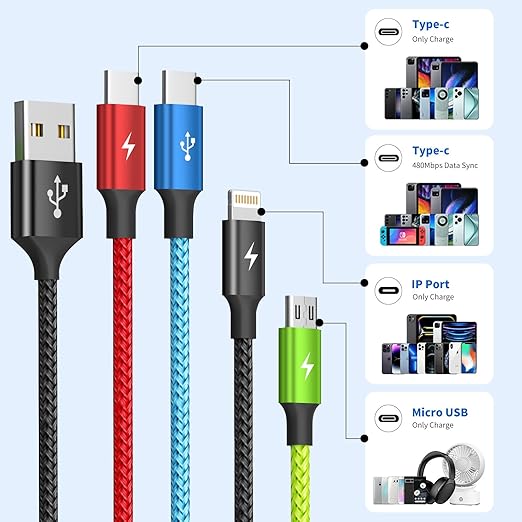 Cruise Essentials 2026 4 in 1 Multi Charging Cable [2Pack 5FT], Tangle Free USB C Car Charger Cable Nylon Braided with 2 USB-C/IP/Micro, Travel Charging Cords for iPhone Android iPad and More