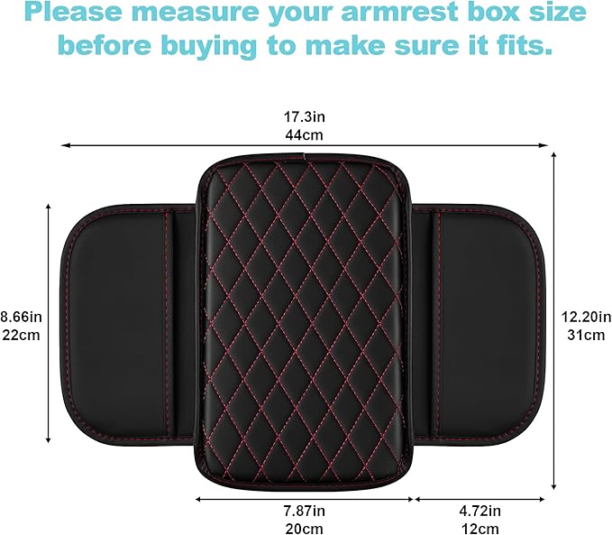 Center Console Cover Fit for Kia Optima 2006-2020 with 2 Storage Bags Waterproof Leather Quilted Pattern Car Armrest Cover Cushion Anti - Slip(Black&Red Line)