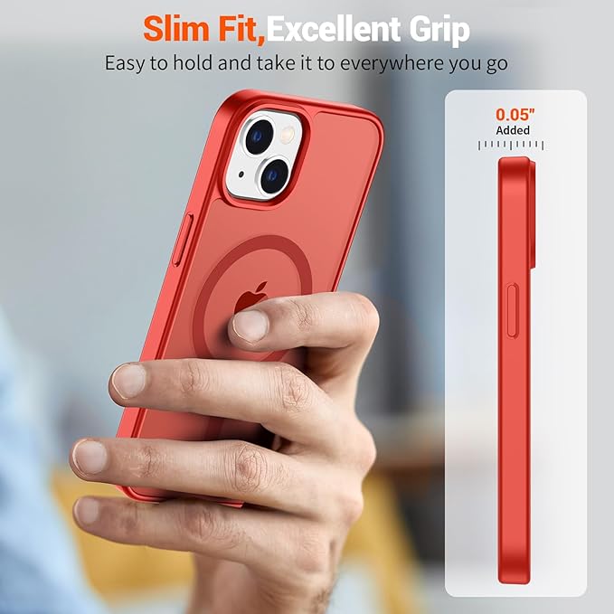 SUPFINE Magnetic for iPhone 15 Case (Compatible with MagSafe) (Military Grade Drop Protection) Slim Translucent Matte Shockproof with Anti-Fingerprint Phone Case, Red