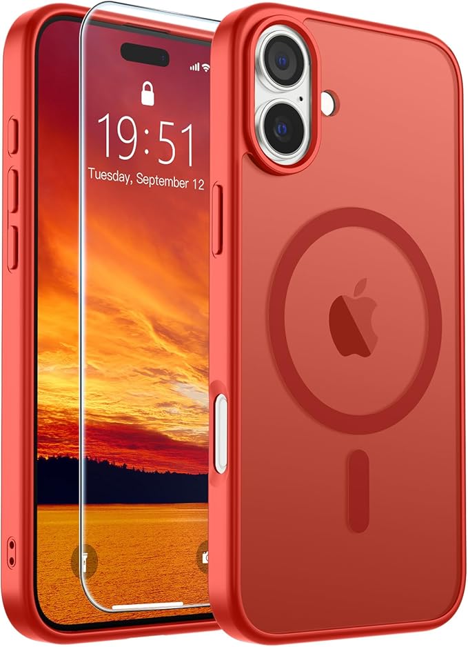 SUPFINE Magnetic for iPhone 16 Plus Case (Compatible with MagSafe) (Military Grade Drop Protection) Slim Translucent Matte Shockproof with Anti-Fingerprint Phone Case, Red