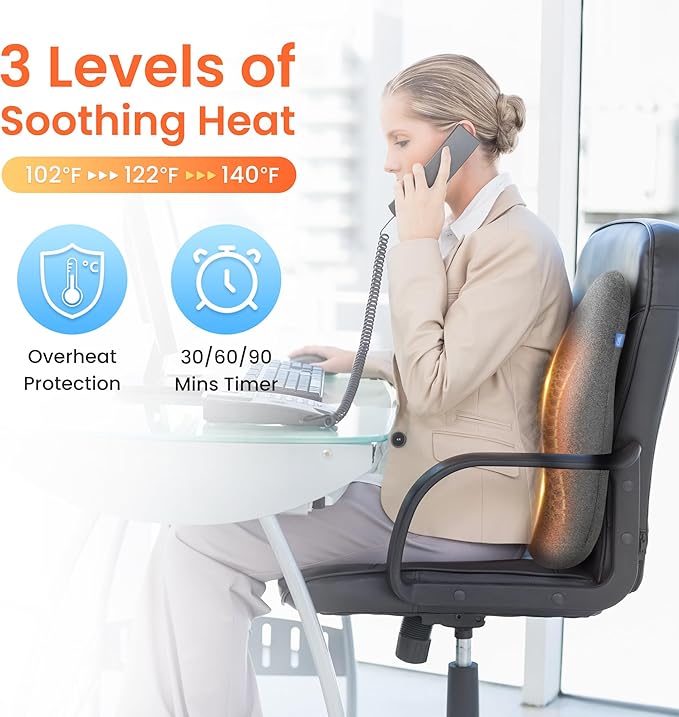 CILI Heated Lumbar Support Pillow for Office Chair, Ergonomic Back Support Cushion with Vibration, Memory Foam Chair Back Massager, Gifts for Mom/Dad