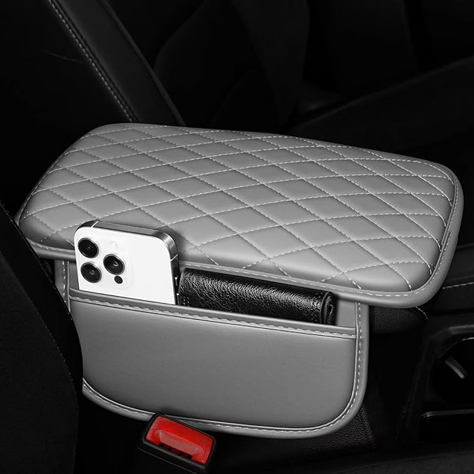 Upgraded Car Center Console Cover Fit for Tacoma Faux Leather Car Armrest Cover Cushion with 2 Storage Bags,Car Armrest Storage Box Interior Accessories(Grey&Whiteline)