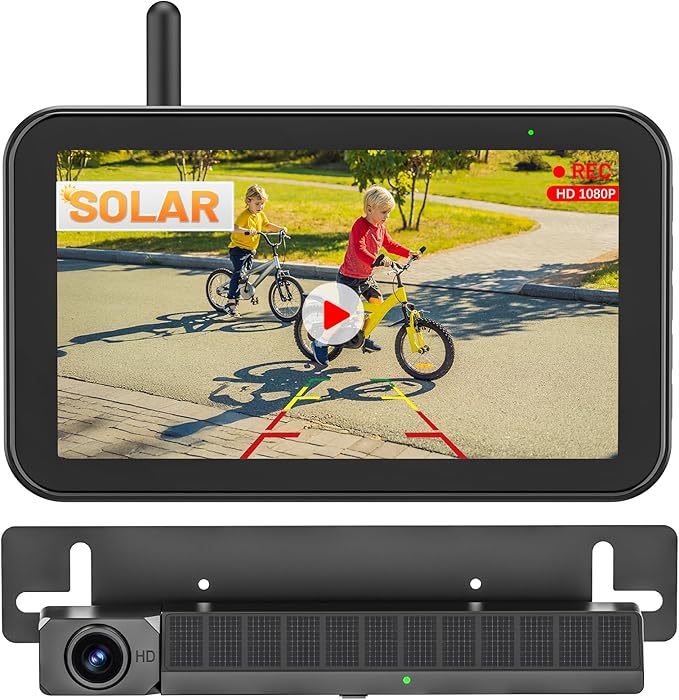 Solar Wireless Backup Camera, 5" 1080P DVR Monitor, 2-Min No-Wiring Installation Back Up Camera, 4800mAh Battery, Stable Signal, IP69K Waterproof Reverse Camera for Car, SUV, Pickup, Truck, Trailer