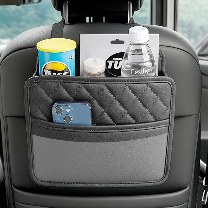 Car Seat Back Organizer, Leather Multipurpose Collapsible Vehicle Backseat Hanging Bag, Portable Automotive Interior Seat Storage Organizer, Universal for SUV RV Truck (Black)