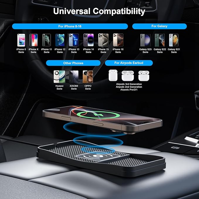 Wireless car Charger Charging pad 15W Fast Wireless Phone Charger Non Slip FastCharger for car Cell Phone Cordless Charging mat Compatible with iPhone 16/15/14/13/12 Pro Max,Samsung S23 S22 S20(S13)