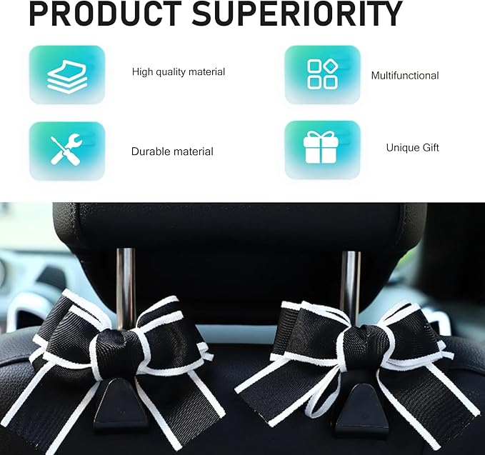 2 PCS Car Seat Headrest Hooks, Cute Bow Back Seat Storage Hangers for Handbag Purse Coat, Universal Auto Organizer Hooks (Black Line)