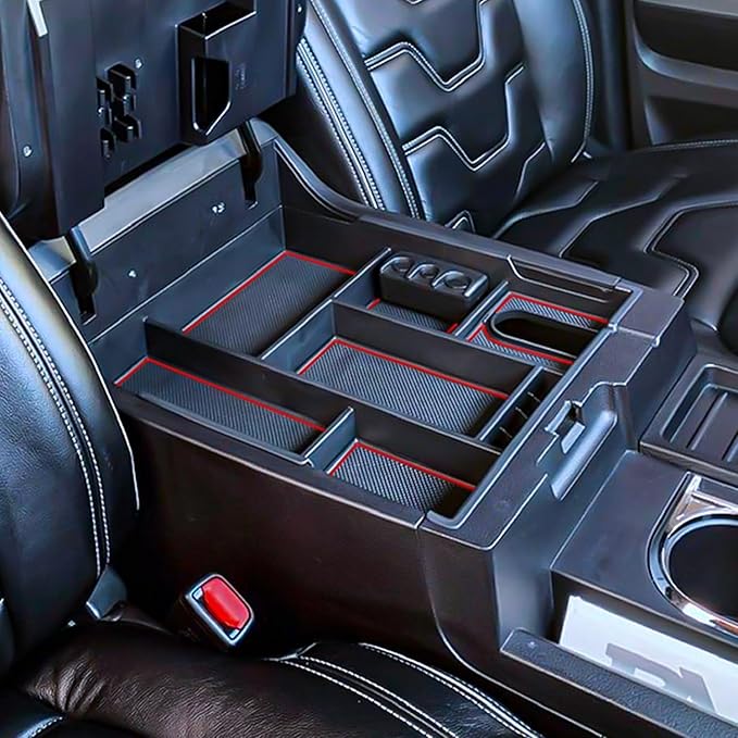 TACOBRO Center Console Organizer Compatible with 2014-2017 2018 2019 2020 2021 Tundra Accessories, Crewmax Interior Armrest Underseat Storage Box- Full-coverage Insert Tray, Red Trim
