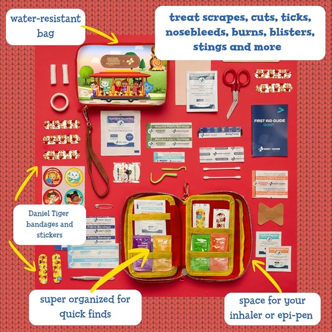 KeepGoing Daniel Tiger’s Travel First Aid Kit for Kids – 130 Pc. for Car, Home, Purse, Diaper Bag & Backpack with Latex-Free Bandages - Mini First Aid Kit Travel Size TSA-Approved