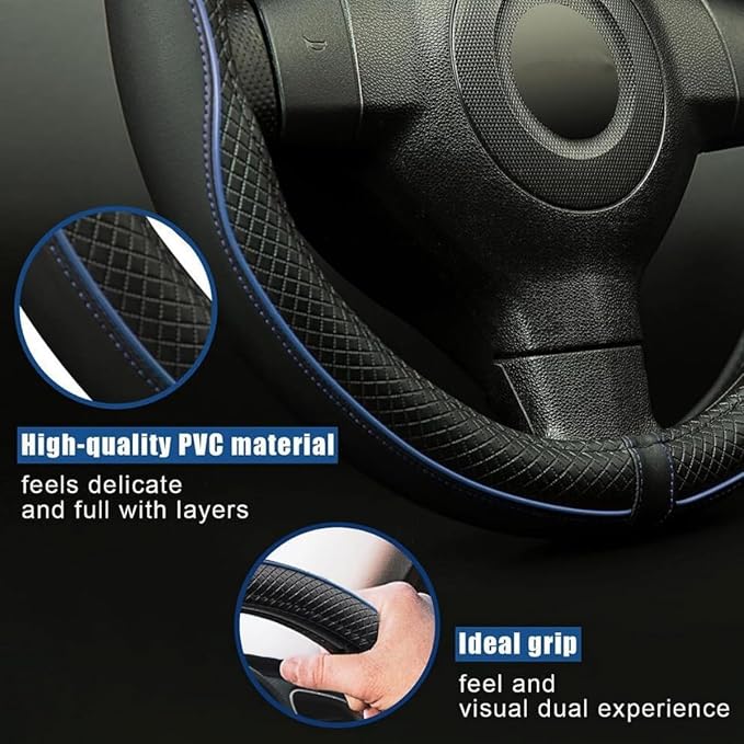 LABBYWAY Microfiber Leather Steering Wheel Cover, Universal 14.5-15 Inch Steering Wheel Anti Slip Car Interior Accessories for Men Women (Black with Blue Line)