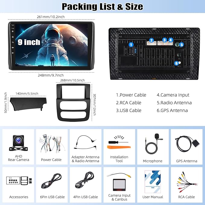2G+64G Car Radio Stereo for Dodge RAM 1500 2500 3500 Radio 2002 2003 2004 2005 with Wireless CarPlay Android Auto 9" Touch Screen Head Unit with HD Backup Camera Android 13 Radio GPS WiFi Mirror Link