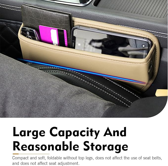 Car Seat Gap Filler Organizer, Waterproof Anti-Slip Leather Front Seat Side Storage Bag for Phones, Keys, Glasses, Cards, Universal for Most Cars (Beige)
