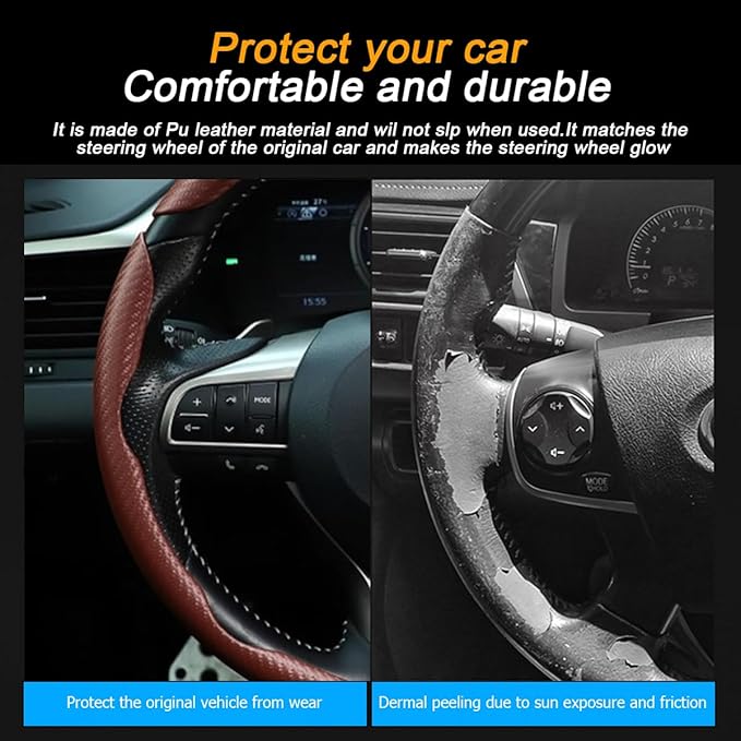 Mandark 3PCS Carbon Fiber Car Steering Wheel Cover, Anti-Skid Leather Vehicle Segmented Steer Wheel Protector, Auto Interior Protection Guard Accessories, Universal for Most Cars (Brown)