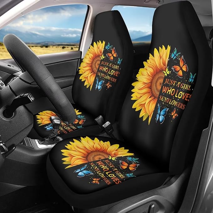 BIGCARJOB Sunflower Print Car Seat Cover Set for Front Seat Only,Sunshine Sunflower Auto Front Seat Protector Full Set Butterfly Car Interior Accessories,Universal Fit