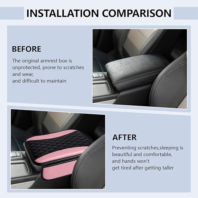 Leather Car Center Console Cover,Upgraded Center Console Cushion Pad with Side Pockets,Patchwork Arm Rest Cover for Car,Waterproof Armrest Seat Box Covers,Universal for Most Vehicles (Pink)