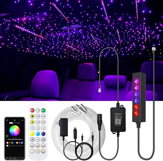 AKEPO 3.2W 6-Hole RGB Headliner Starlight Kit, 6.5ft 240pcs*0.75mm/0.03in APP Control Colorful Color Chasing Sound Activated Fiber Optic Lights