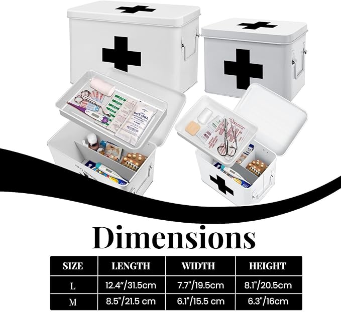 Flexzion First Aid Box Organizer Empty 13" White Vintage First Aid Kit Tin Metal Medical Box - First Aid Storage Box Container Bins with Dividers, Removable Tray and Black Cross Logo