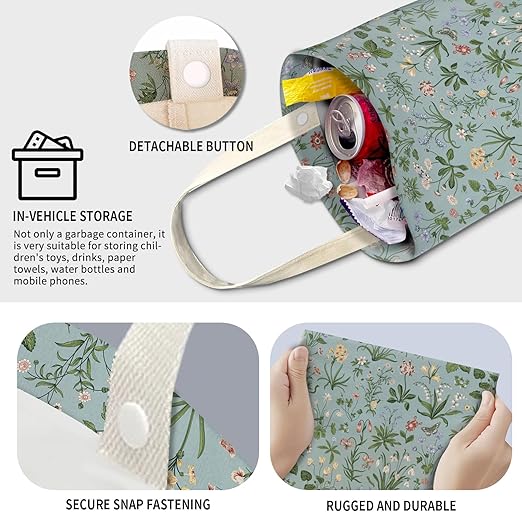 Cute Car Trash Can, Hanging Canvas Car Back Seat Organizer and Storage Bag, Funny Car Trash Bag For Travelling, Outdoor Cute Blue Green Floral