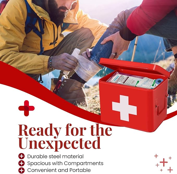 Flexzion First Aid Box Organizer, Empty 8.5 Inch Red Vintage First Aid Kit Tin Metal Medical Box First Aid Storage Box Container Bins with Dividers, Removable Tray and Cross Logo