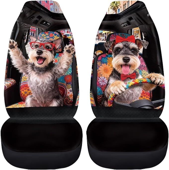 Schnauzer Front Car Seat Cover Comfortable Cute Automobile Front Seat Covers Stretch Polyester Fabric Cover Easy to Install and Clean Universal Fit for Cars SUV Sedans