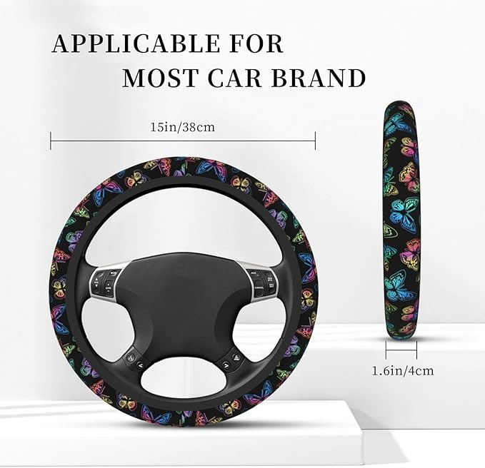 Colorful Butterfly Steering Wheel Cover Women Men Elastic Stretch Soft Car Wheel Protector Universal Breathable No-Slip Car Accessories for Truck Van SUV Auto Fit 14-15 Inches