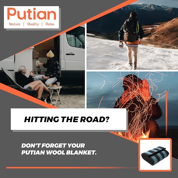 PuTian Merino Wool Blanket - 87" x 63" Thick Warm Soft Large Bed Throw - Great for Camping, Outdoors, Travel, Car, Couch, All Seasons Blue Stripe