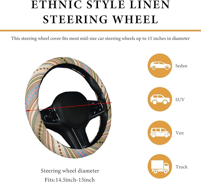 Boho Steering Wheel Cover, 15 Inch Coarse Flax Cloth Ethnic Style Anti-Slip Car Wheel Wrap, Universal Breathable Bohemian Steering Wheel Protector for Cars Vans Trucks (G)