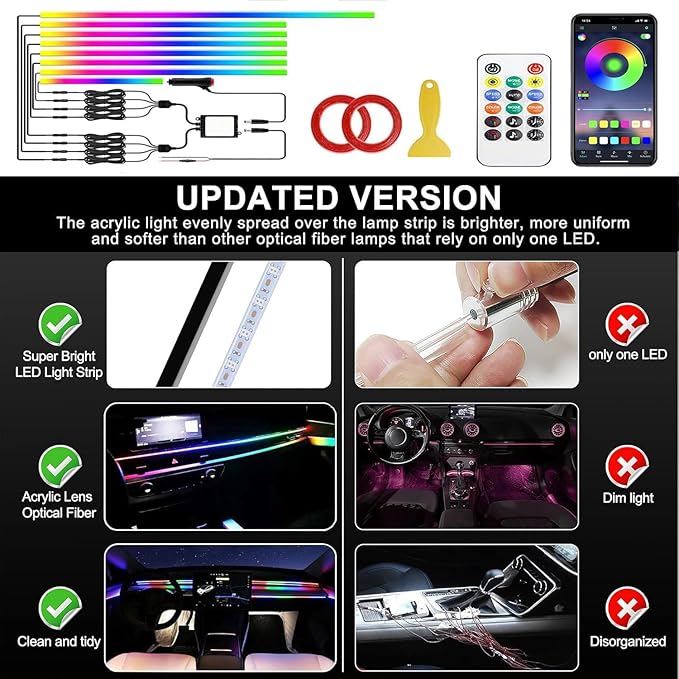Interior Car LED Strip Lights, Acrylic LED Lights RGB Dreamcolor 8 in 1 with 235 inches 800 LEDs Fiber Optic Ambient Lighting Kits,APP and Remote Control 16 Million Colors Car Neon Lights