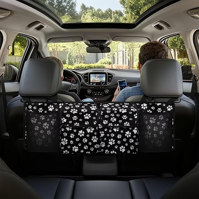 Black White Dog Paw Hanging Trunk Organizer, Foldable Car Trunk Organizer Back Seat with 4 Large Pockets, Hanging Trunk Organizer Universal for Vehicles