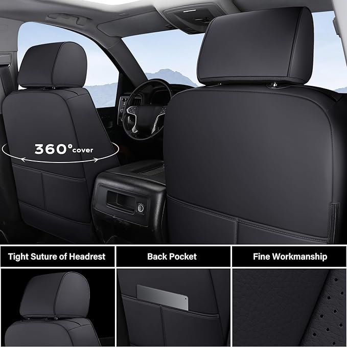 Coverado Chevy Silverado Seat Covers Full Set, Faux Leather Car Seat Covers Fit for 2014-2018 1500, 2015-2019 2500HD 3500HD Chevy Silverado GMC Sierra Crew Double Extended Cab (Black)